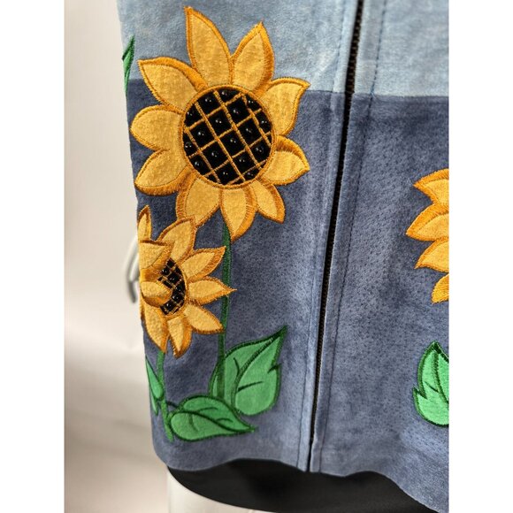 The Quacker Factory Womens Medium Blue Leather Jacket With Sunflower Embroidery - Picture 8 of 16